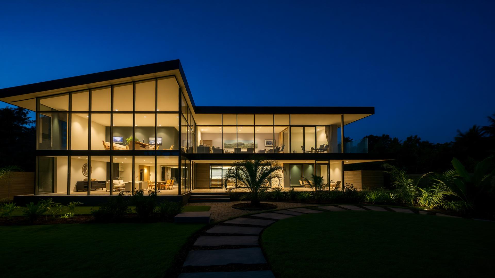 Residência iluminada ao entardecer, integração com jardim