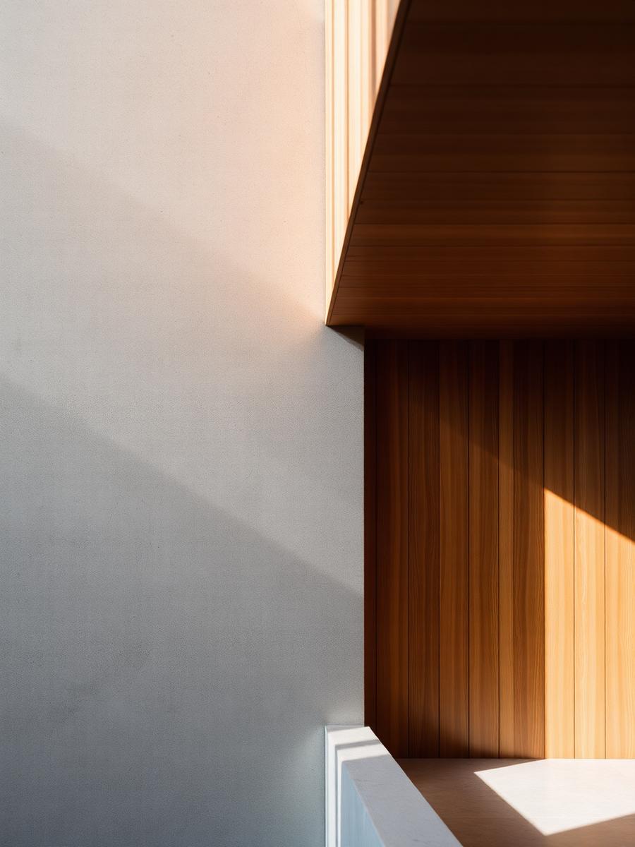 Detalhe arquitetônico: luz natural sobre concreto e madeira